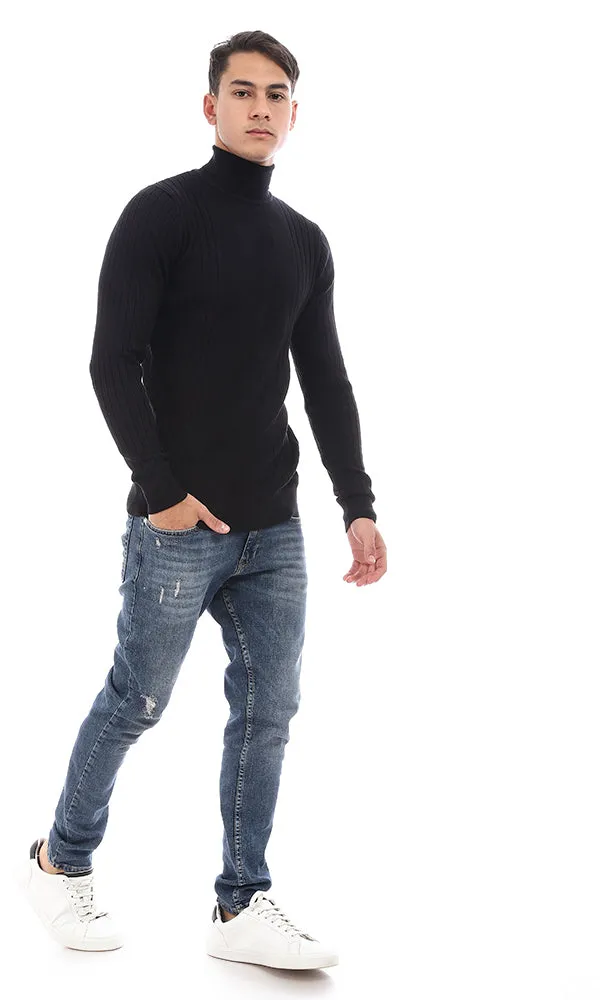 96399 Turtle Neck Solid Long Sleeves Pullover - Black