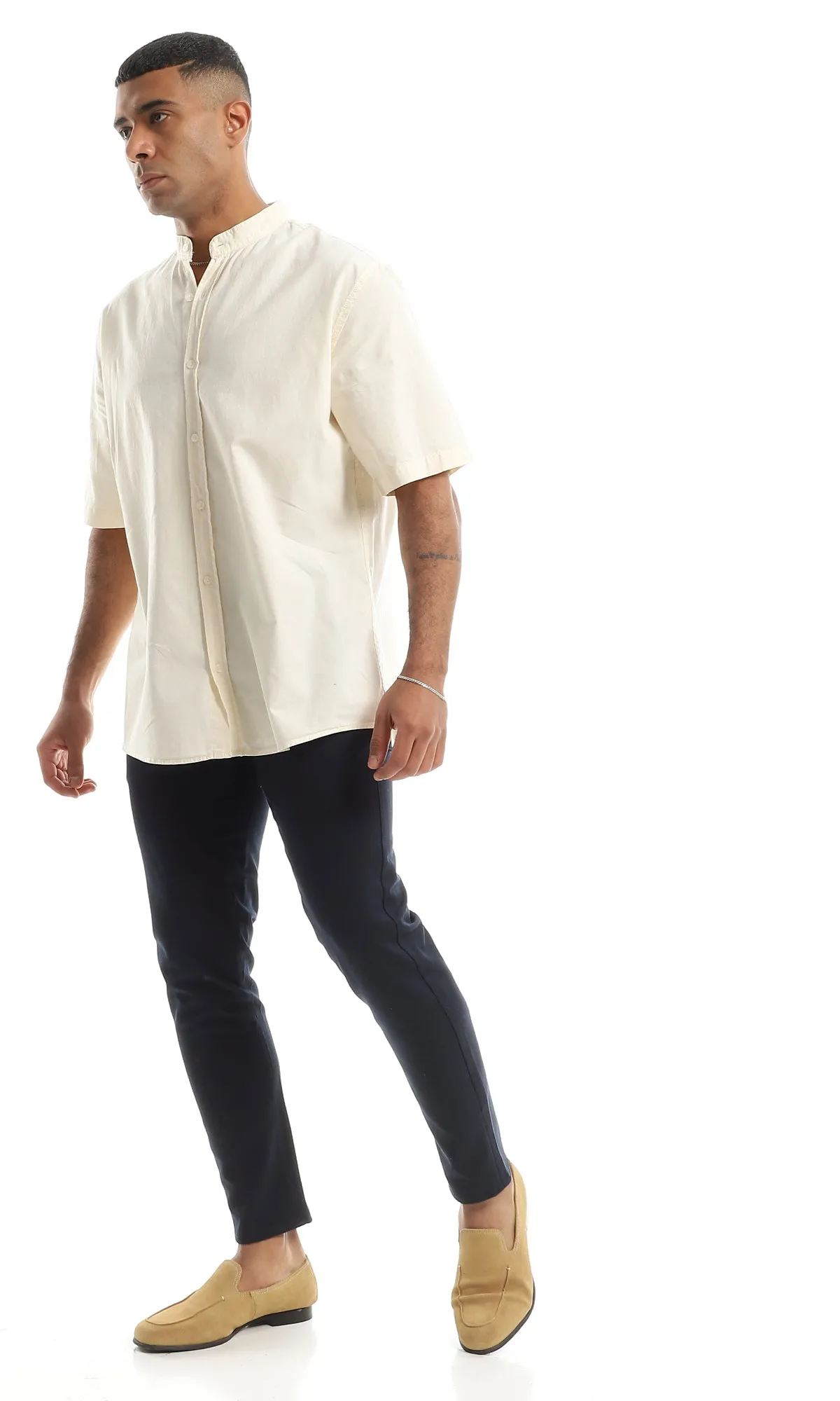 97198 Solid Cream Henley Shirt With Short Sleeves