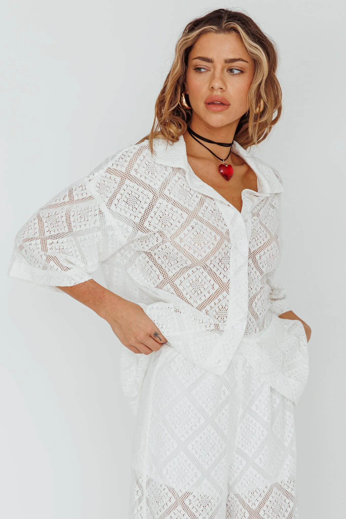 Abraya Lace Button-Up Shirt White