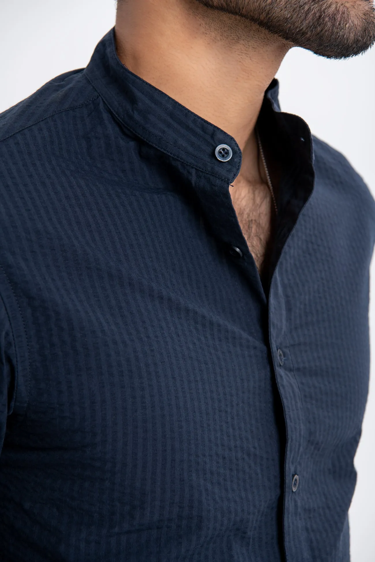 BAND COLLAR TEXTURED COTTON SHIRT