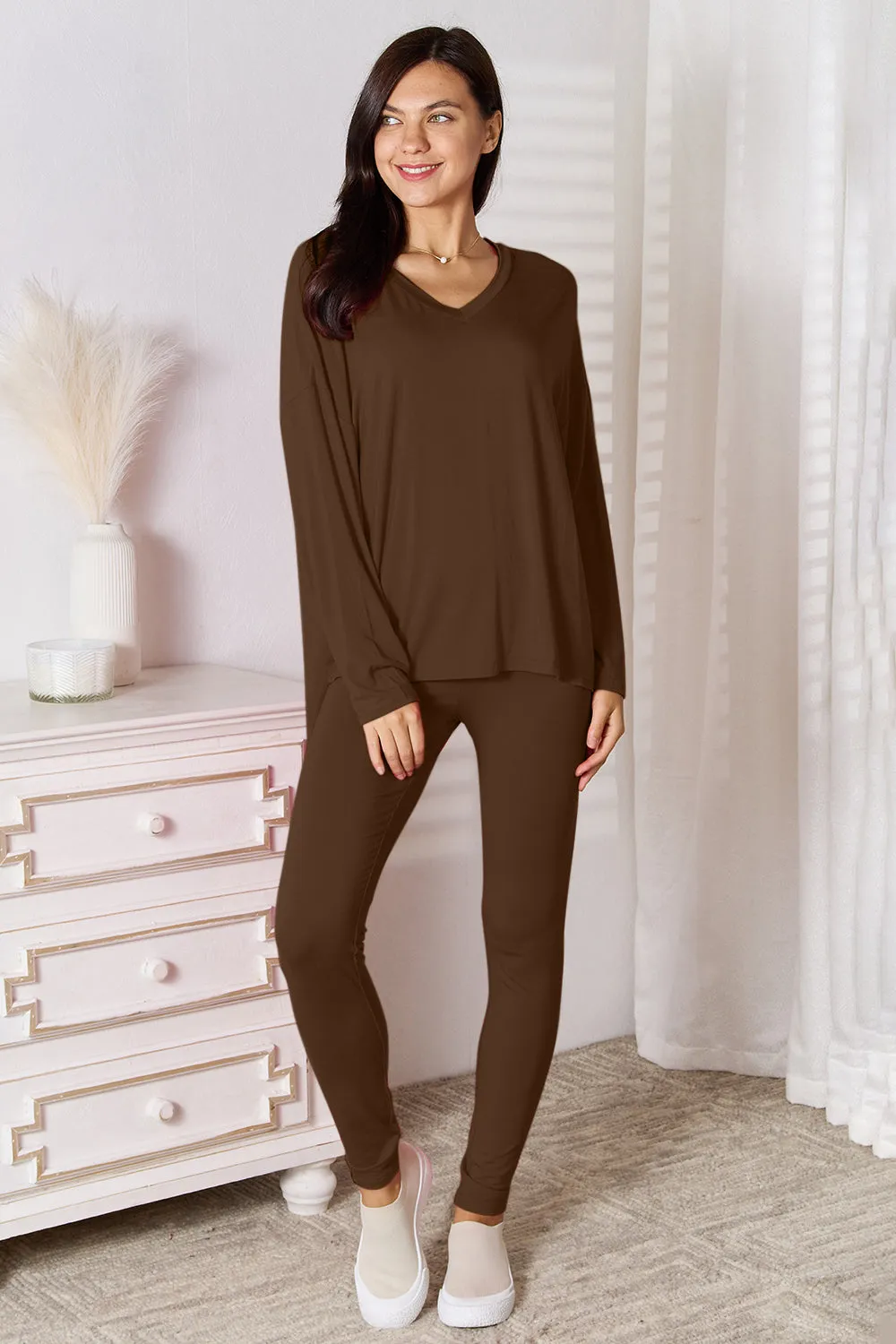 Basic Bae Women's Full Size V-Neck Rayon Lounge Set - Soft Long Sleeve Top and Pants, Perfect for Cozy Loungewear and Casual Wear