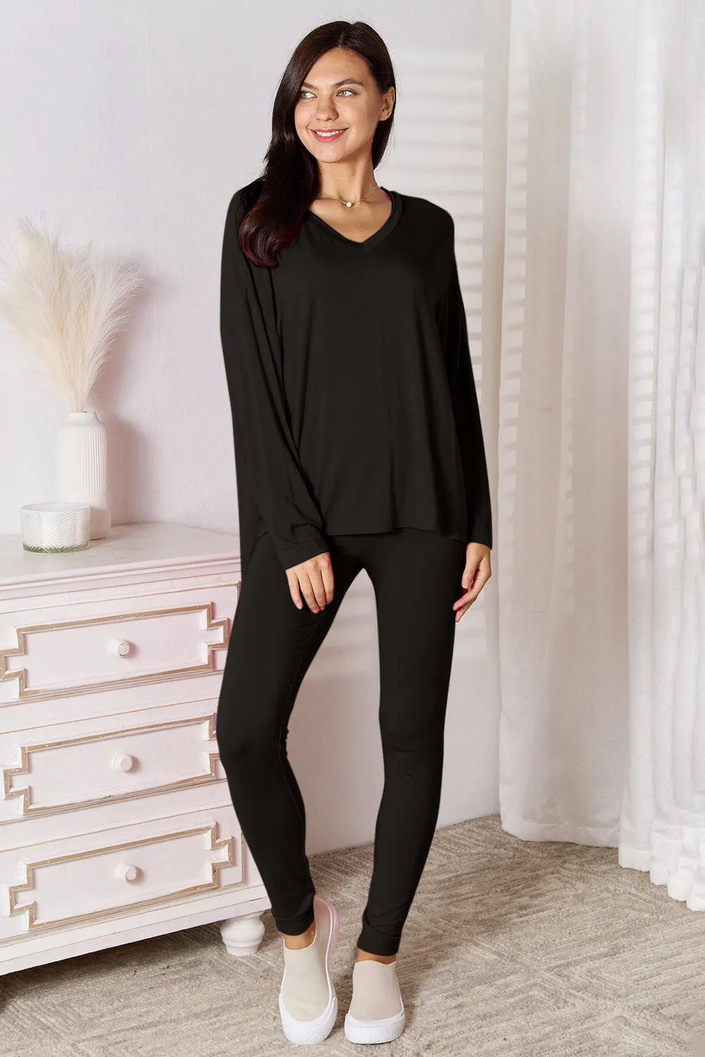 Basic Bae Women's Full Size V-Neck Rayon Lounge Set - Soft Long Sleeve Top and Pants, Perfect for Cozy Loungewear and Casual Wear