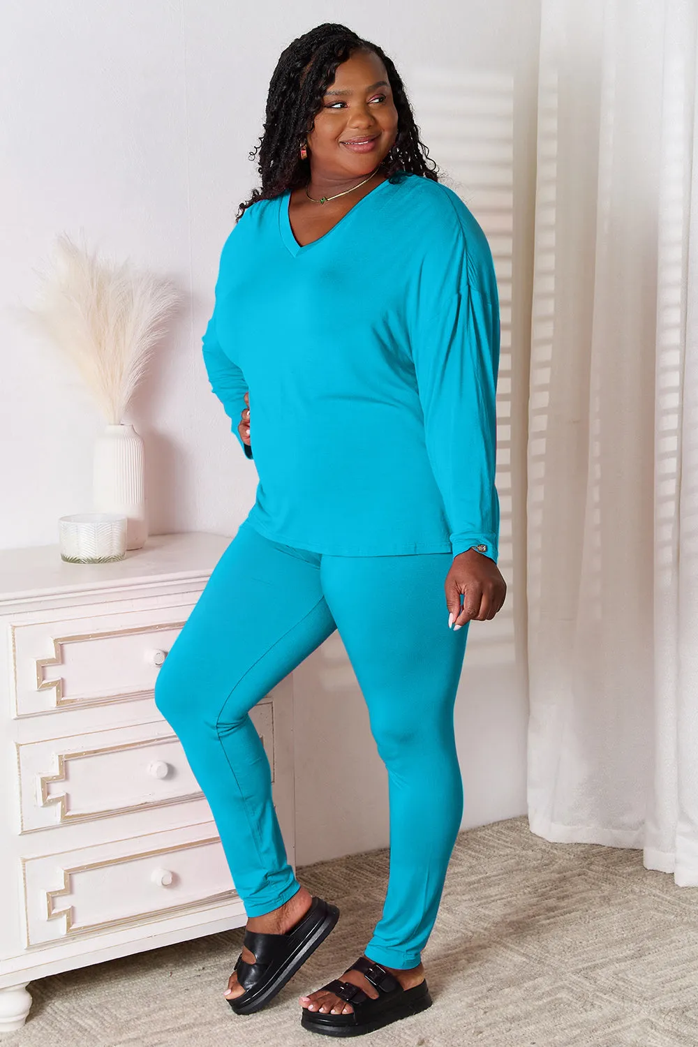 Basic Bae Women's Full Size V-Neck Rayon Lounge Set - Soft Long Sleeve Top and Pants, Perfect for Cozy Loungewear and Casual Wear