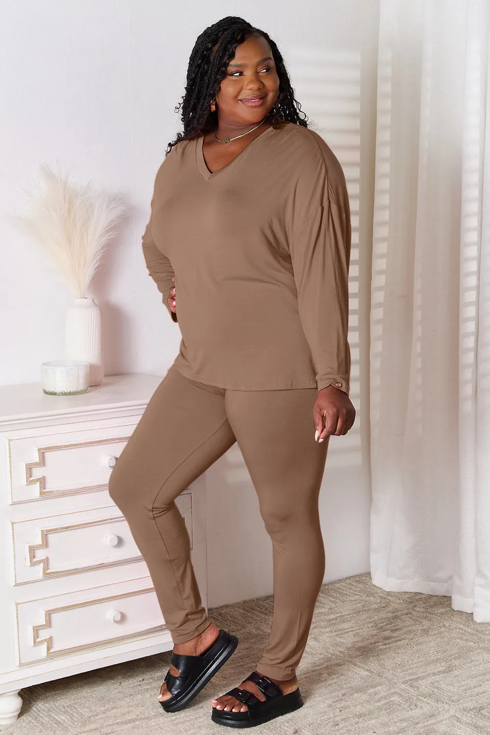 Basic Bae Women's Full Size V-Neck Rayon Lounge Set - Soft Long Sleeve Top and Pants, Perfect for Cozy Loungewear and Casual Wear