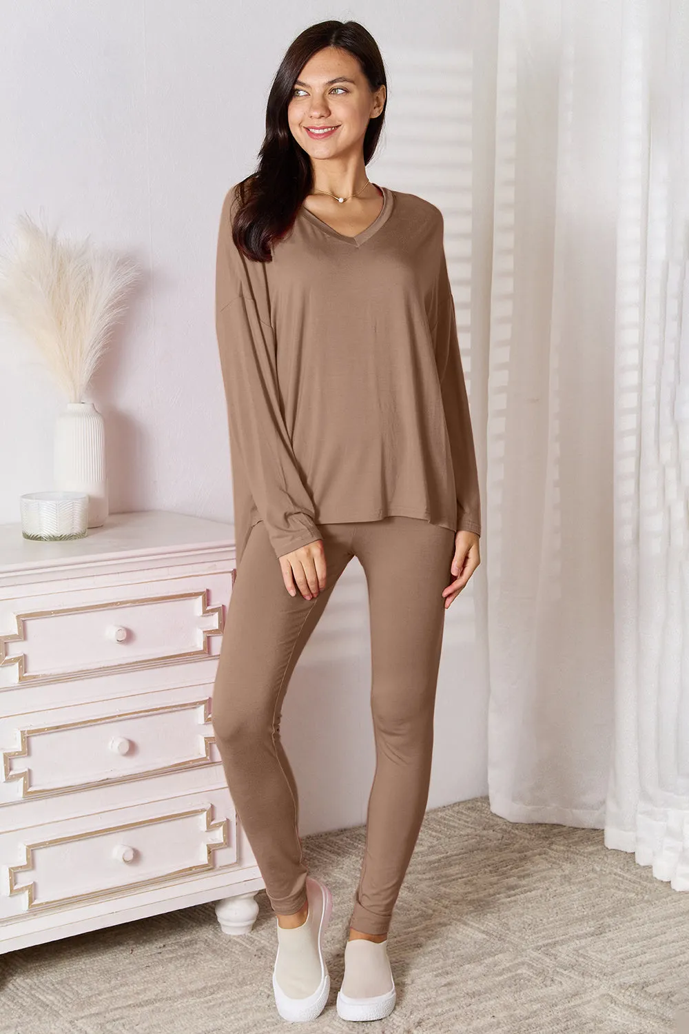 Basic Bae Women's Full Size V-Neck Rayon Lounge Set - Soft Long Sleeve Top and Pants, Perfect for Cozy Loungewear and Casual Wear