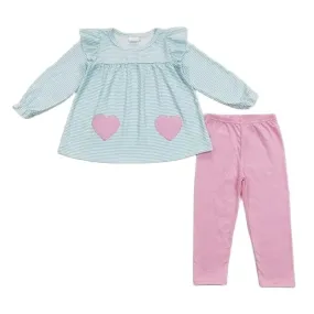 Blue Stripe Long Sleeve Ruffle Top Pink Hearts & Pink Pants