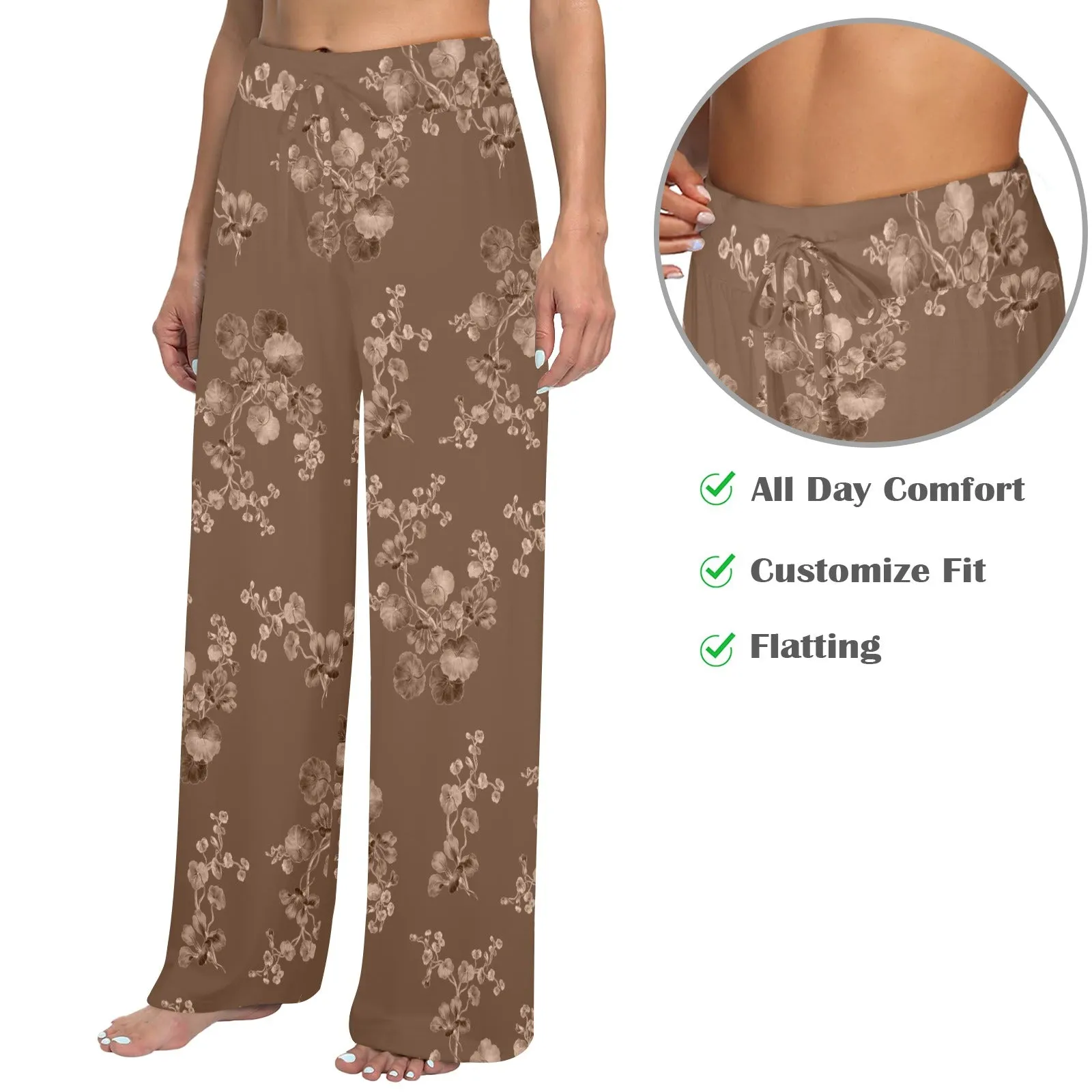 brown tone floral print Women's Wide Leg Lounge Pants (Model L77)