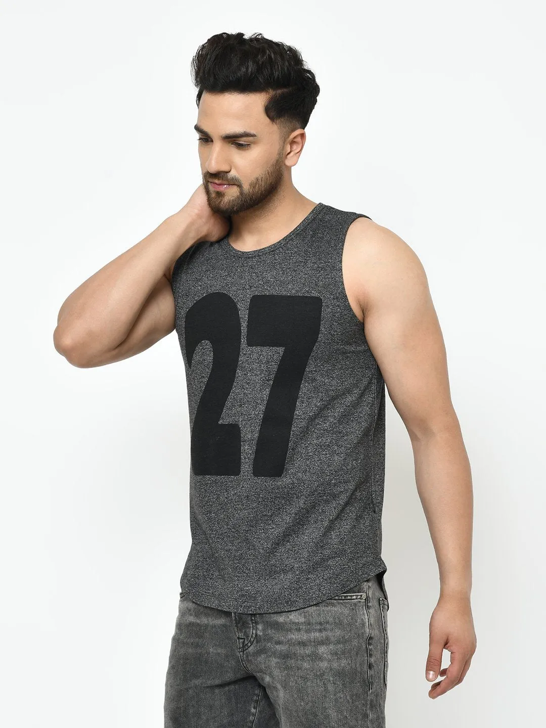 Charcoal Numerical Print Curved Bottom Cotton Sleeveless T-Shirt Vest