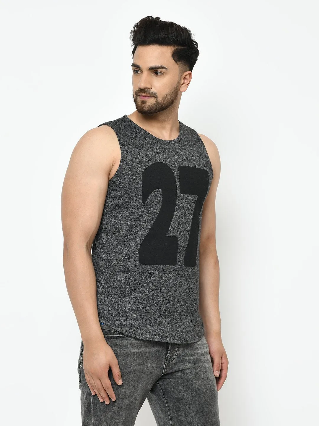 Charcoal Numerical Print Curved Bottom Cotton Sleeveless T-Shirt Vest