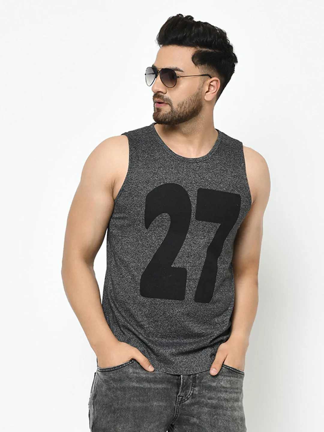 Charcoal Numerical Print Curved Bottom Cotton Sleeveless T-Shirt Vest