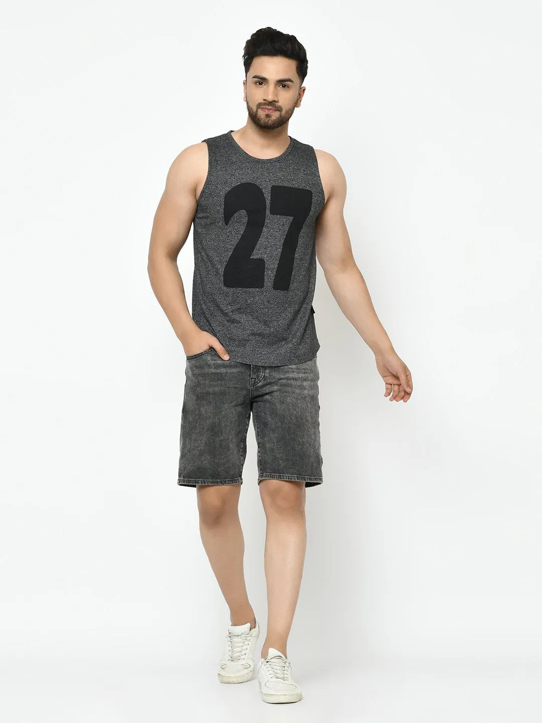 Charcoal Numerical Print Curved Bottom Cotton Sleeveless T-Shirt Vest