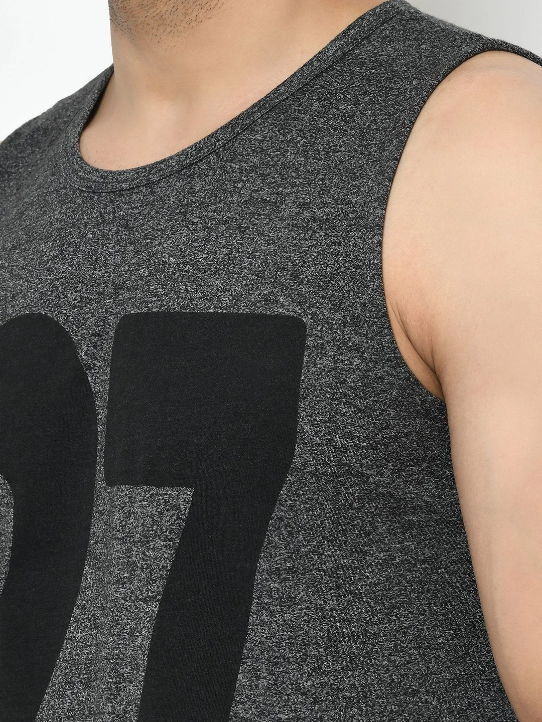 Charcoal Numerical Print Curved Bottom Cotton Sleeveless T-Shirt Vest