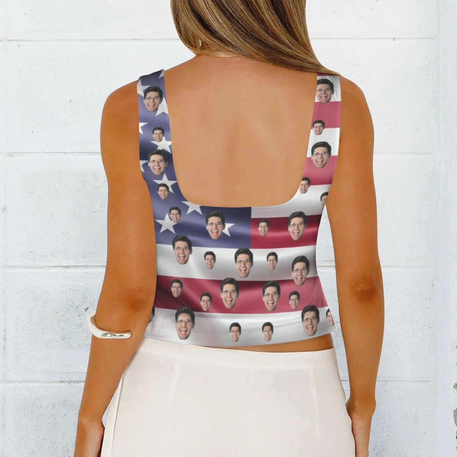 Custom Face USA Flag Top Personalized Women's Square Neck Backless Ruched Side Split Crop Tank Tops