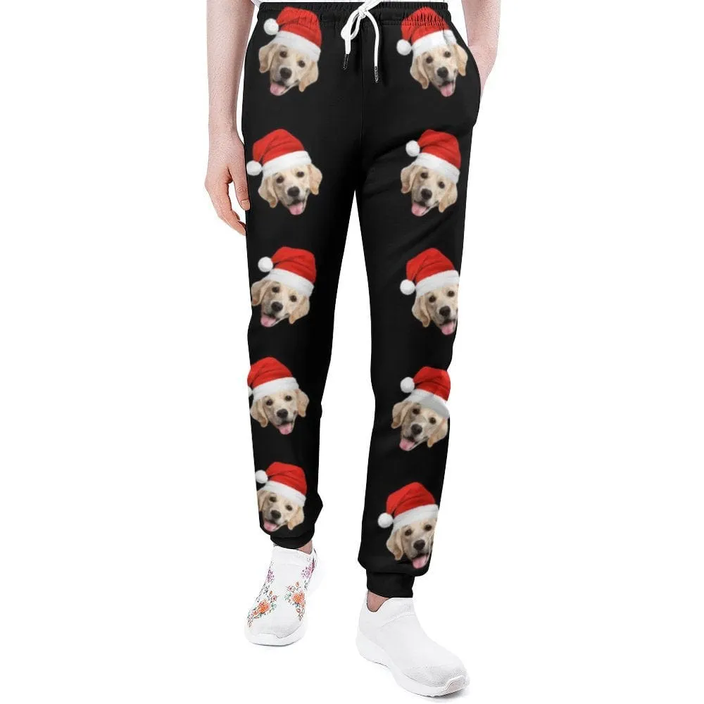 Custom Pet Face Christmas Hat Black Sweatpants Unisex Personalized Closed Bottom Casual Joggers