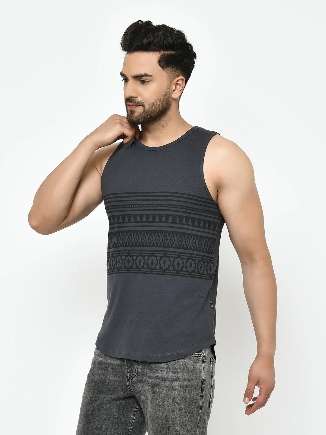 Dark Grey Placement Print With Curved Bottom Sleeveless T-Shirt Vest