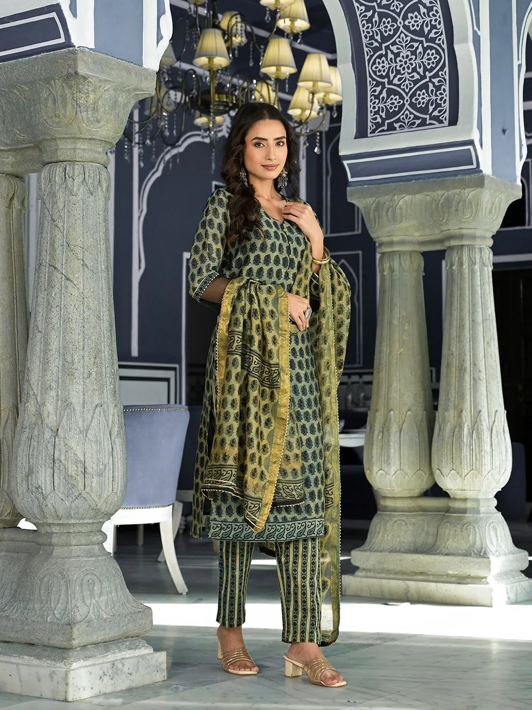 Divena Green Ethnic Printed Chanderi Silk Kurta Trouser with Dupatta Set