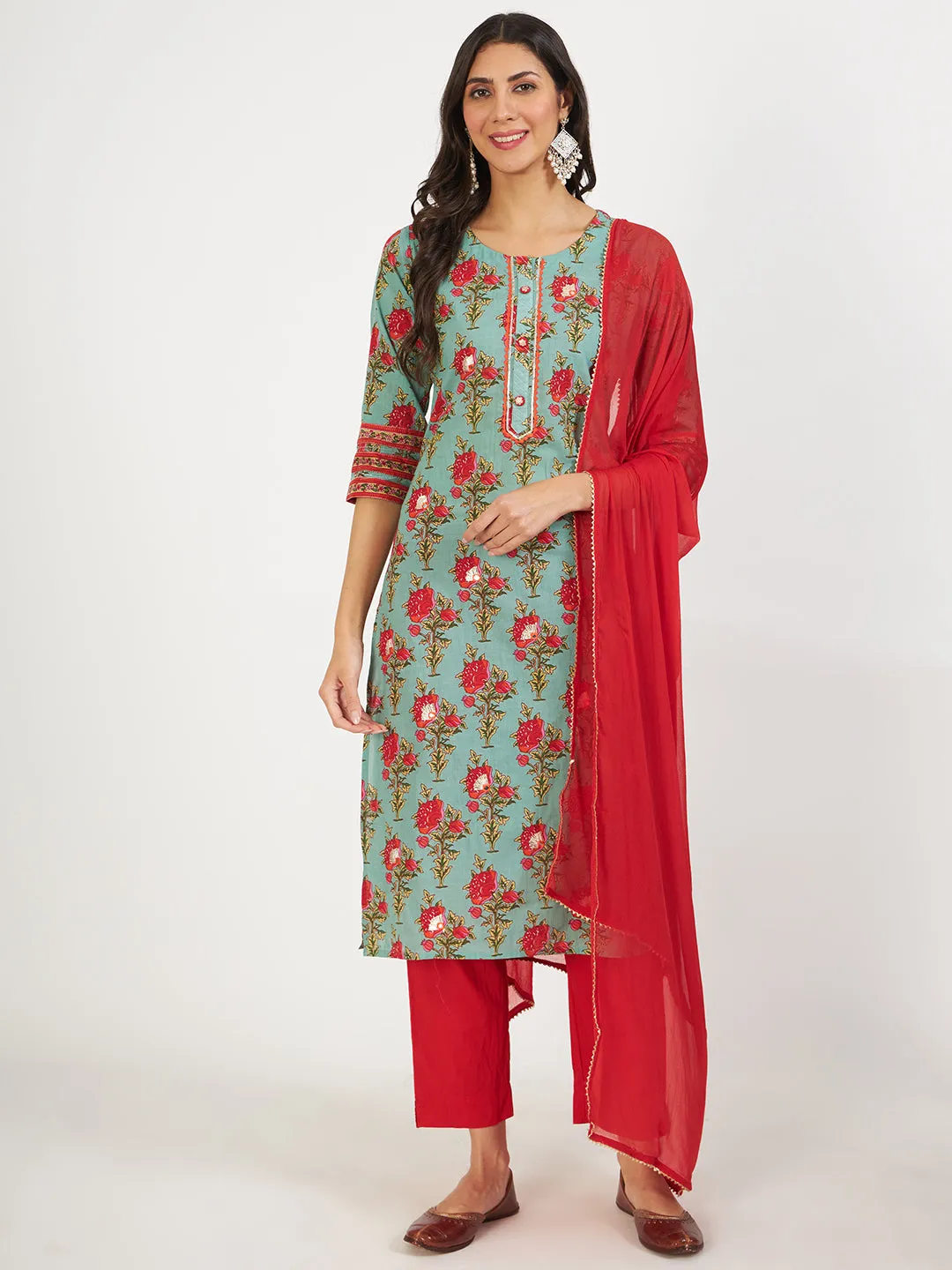 Divena Green Floral Print Cotton Kurta pant with Dupatta set