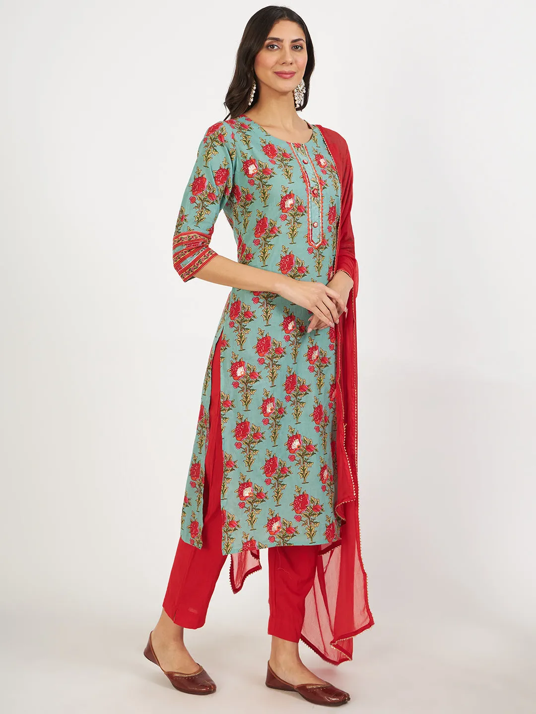 Divena Green Floral Print Cotton Kurta pant with Dupatta set