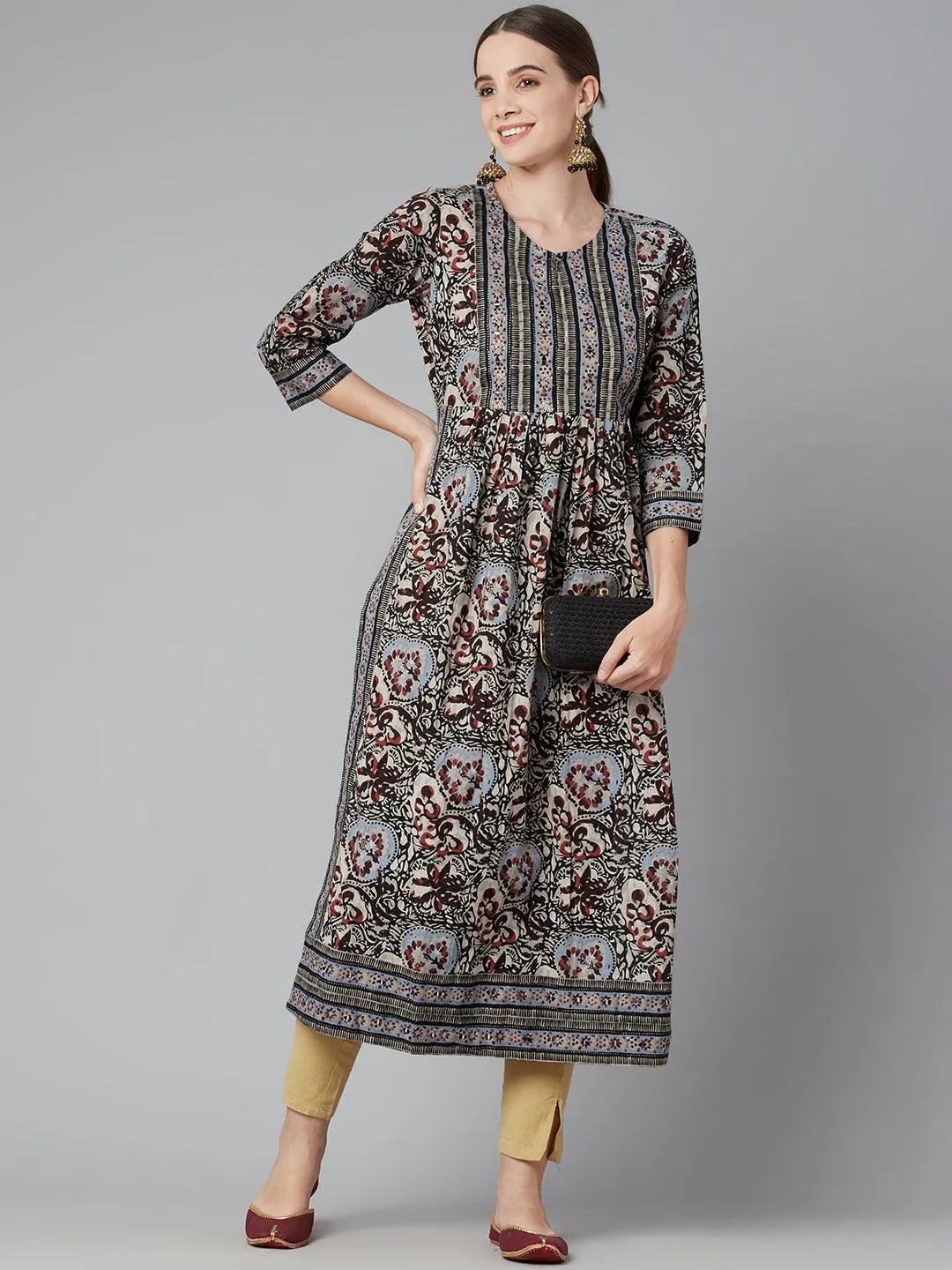 Divena Grey Cotton Gathered Kurta With Side Slits.