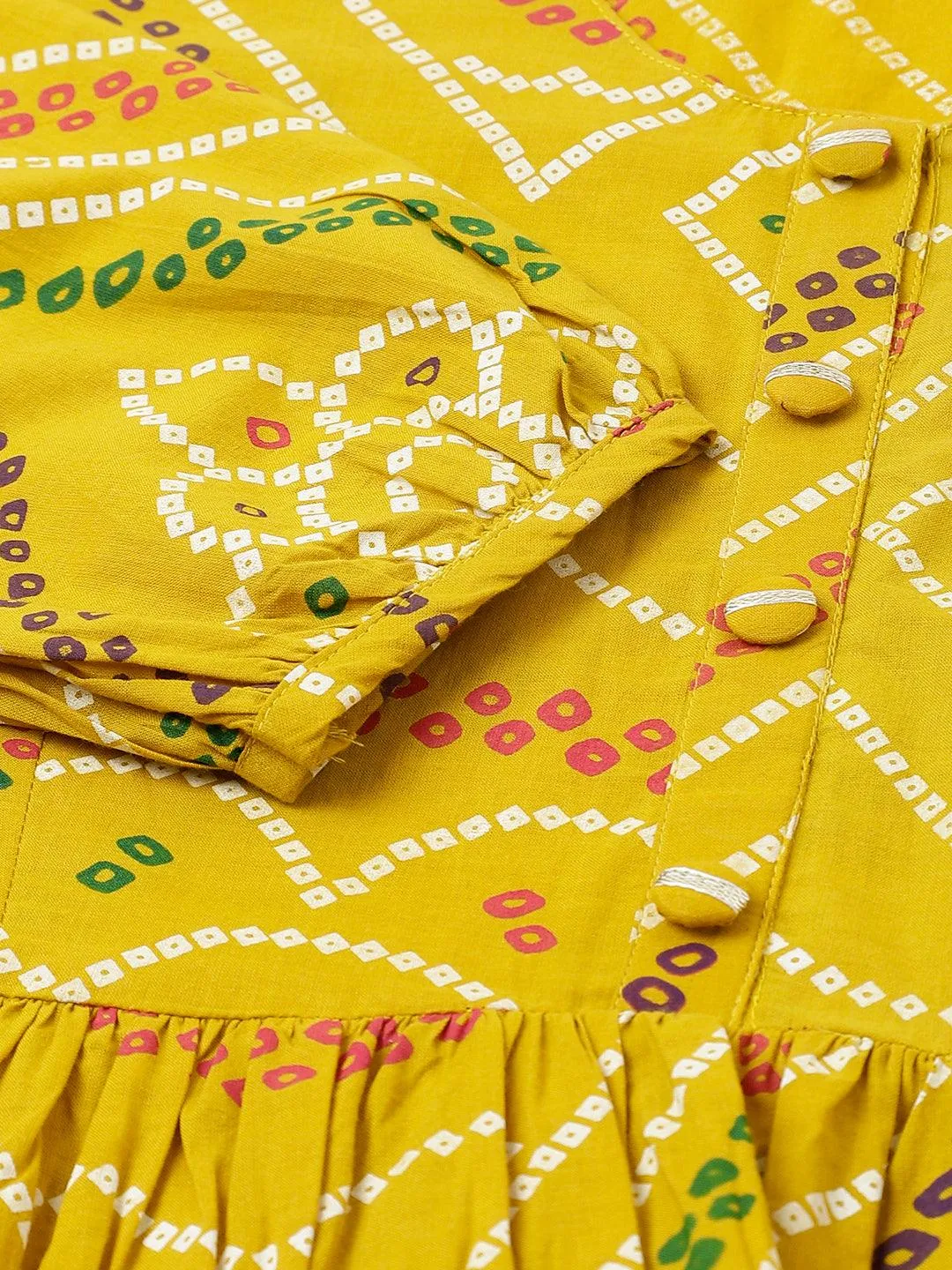 Divena Mustard Bandhani Printed Cotton Peplum Top