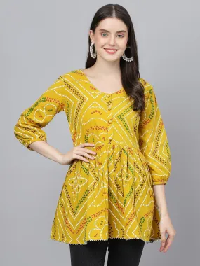 Divena Mustard Bandhani Printed Cotton Peplum Top