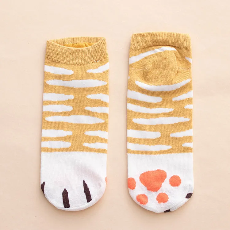 Kawaii Cute Ankle Socks - Cat Paws Yellow Stripes