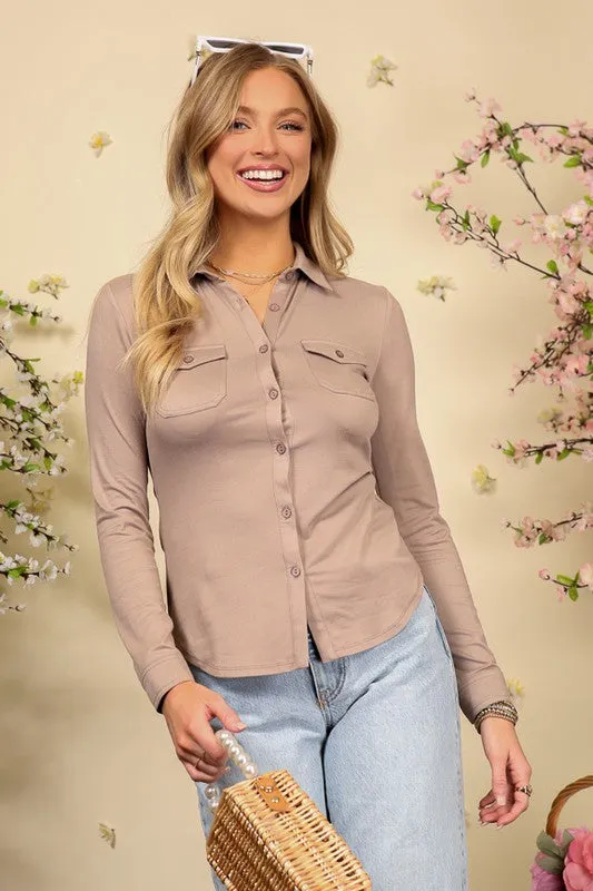 Long Sleeve Brushed Knit Collared Top