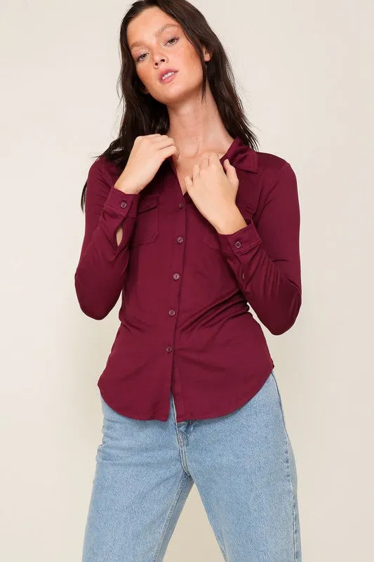 Long Sleeve Brushed Knit Collared Top