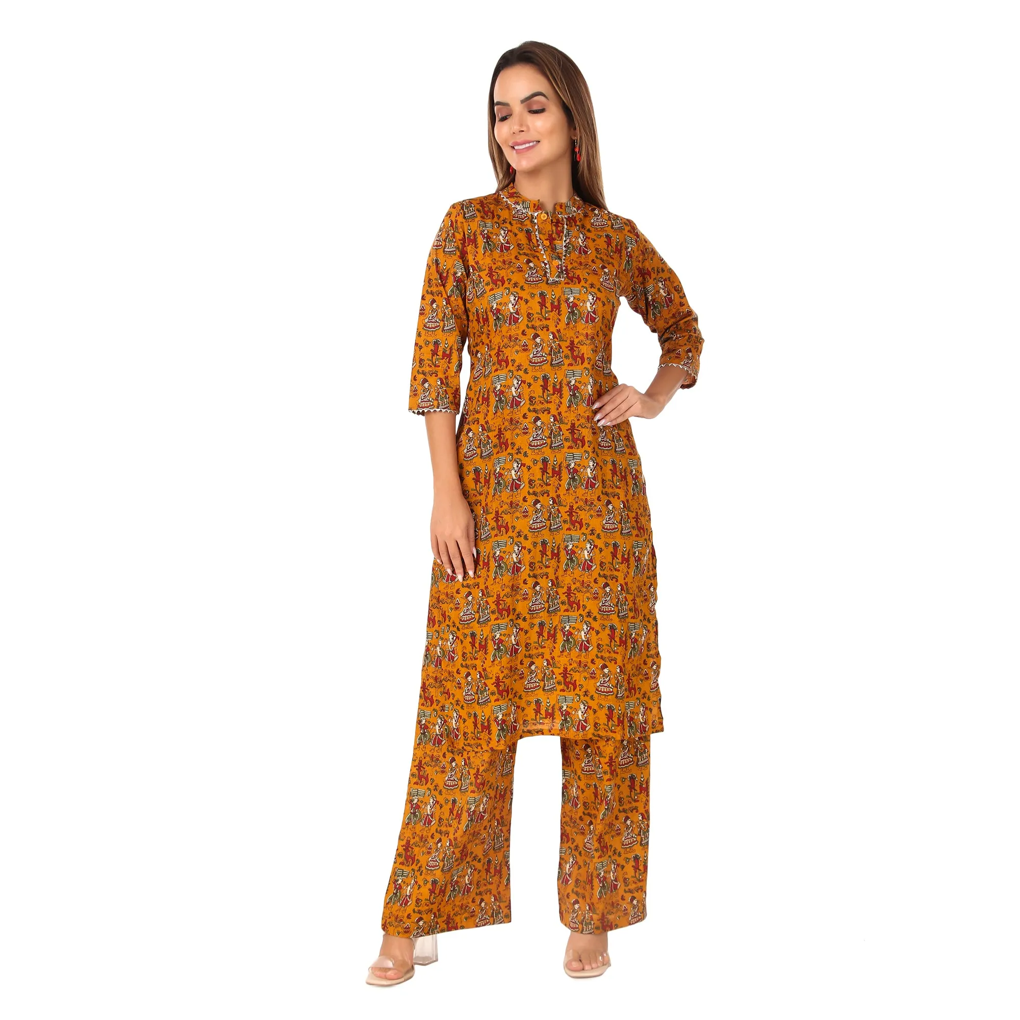 MAGNETISM Kalamkari Cotton Kurti Pant Mustard