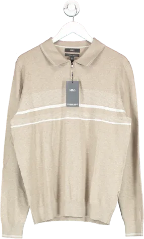 M&S Beige Cotton Rich Quarter Zip Top UK L