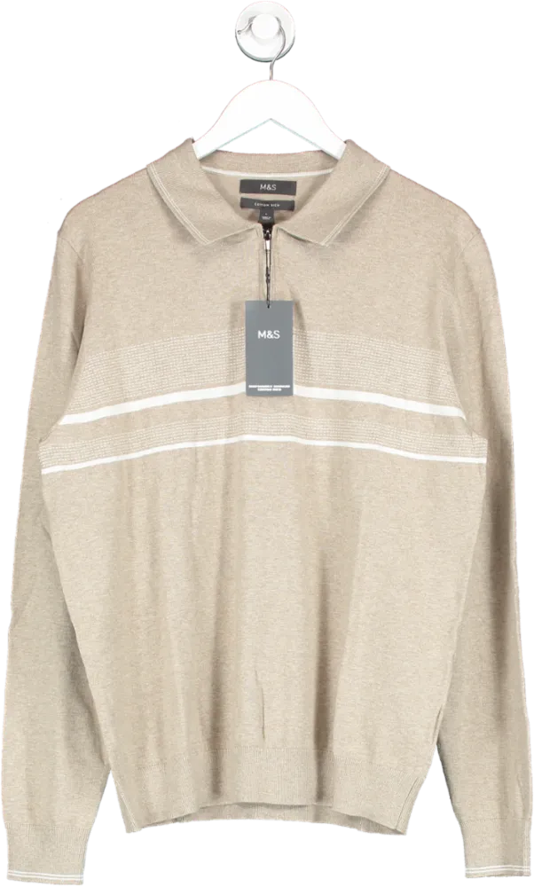 M&S Beige Cotton Rich Quarter Zip Top UK L