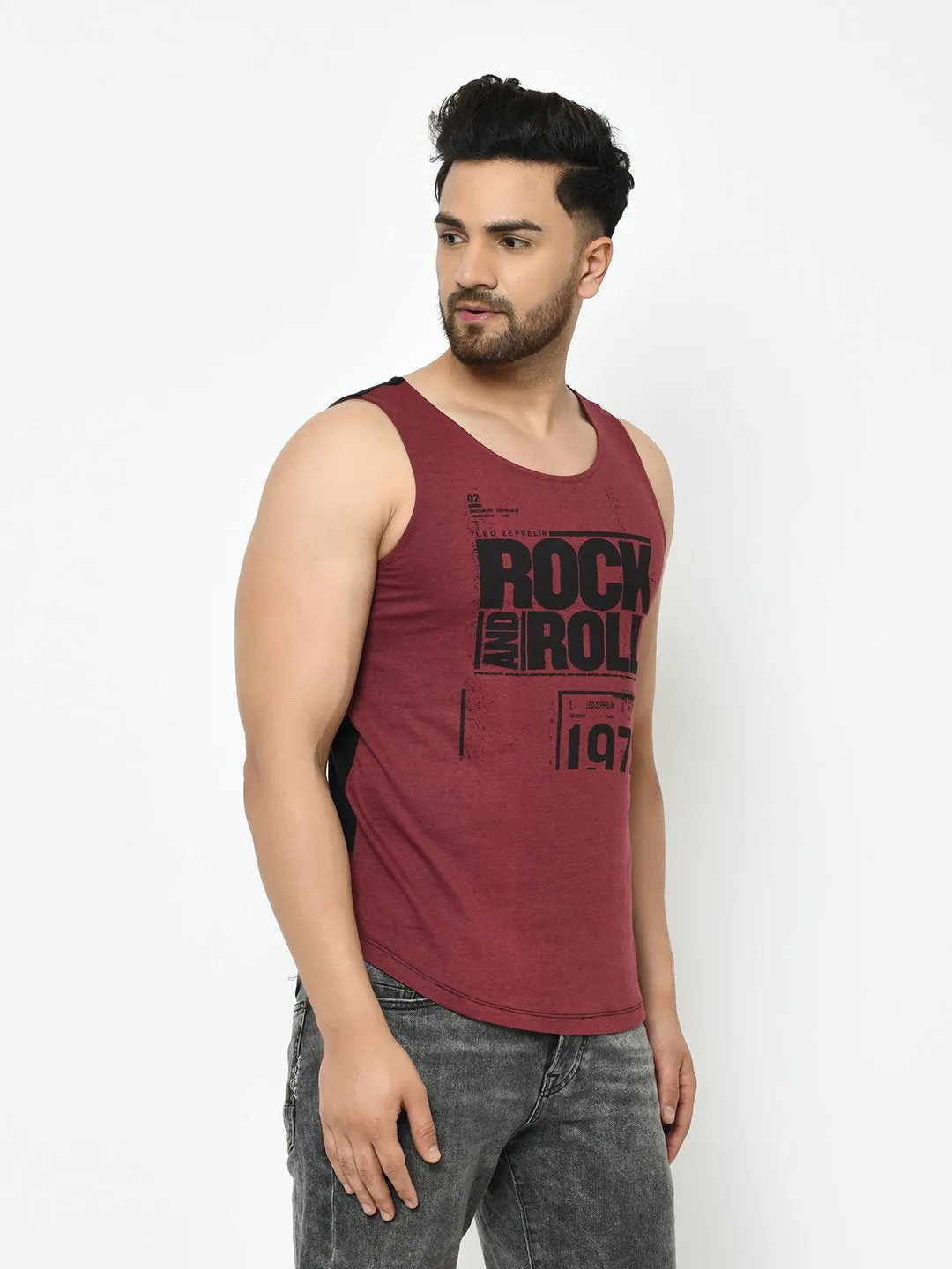 Maroon Black Placement Print With Curved Bottom Cotton Sleeveless T-Shirt Vest