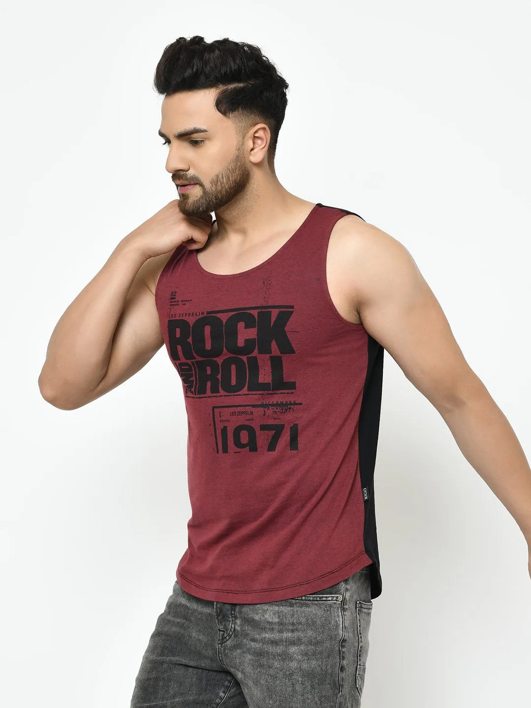 Maroon Black Placement Print With Curved Bottom Cotton Sleeveless T-Shirt Vest