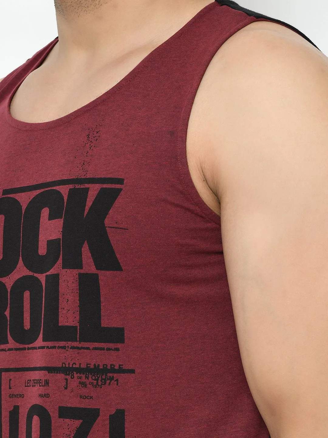 Maroon Black Placement Print With Curved Bottom Cotton Sleeveless T-Shirt Vest