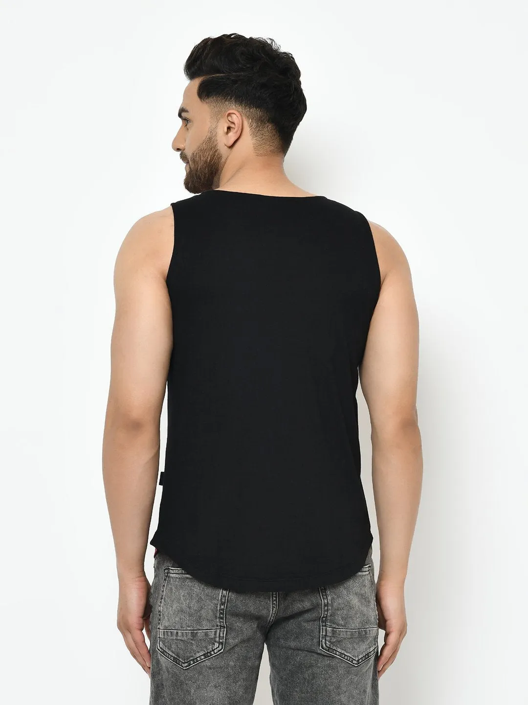 Maroon Black Placement Print With Curved Bottom Cotton Sleeveless T-Shirt Vest