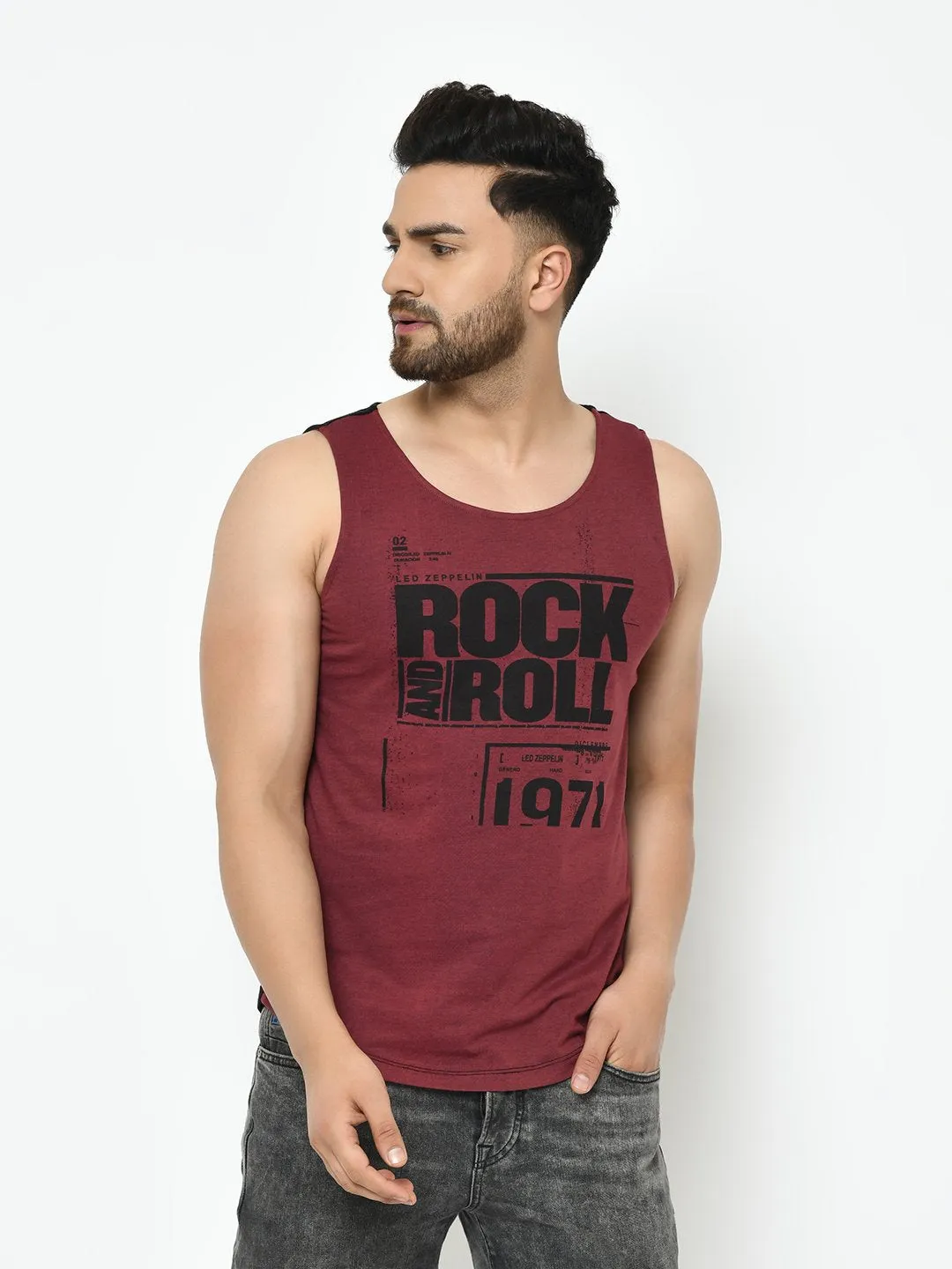 Maroon Black Placement Print With Curved Bottom Cotton Sleeveless T-Shirt Vest