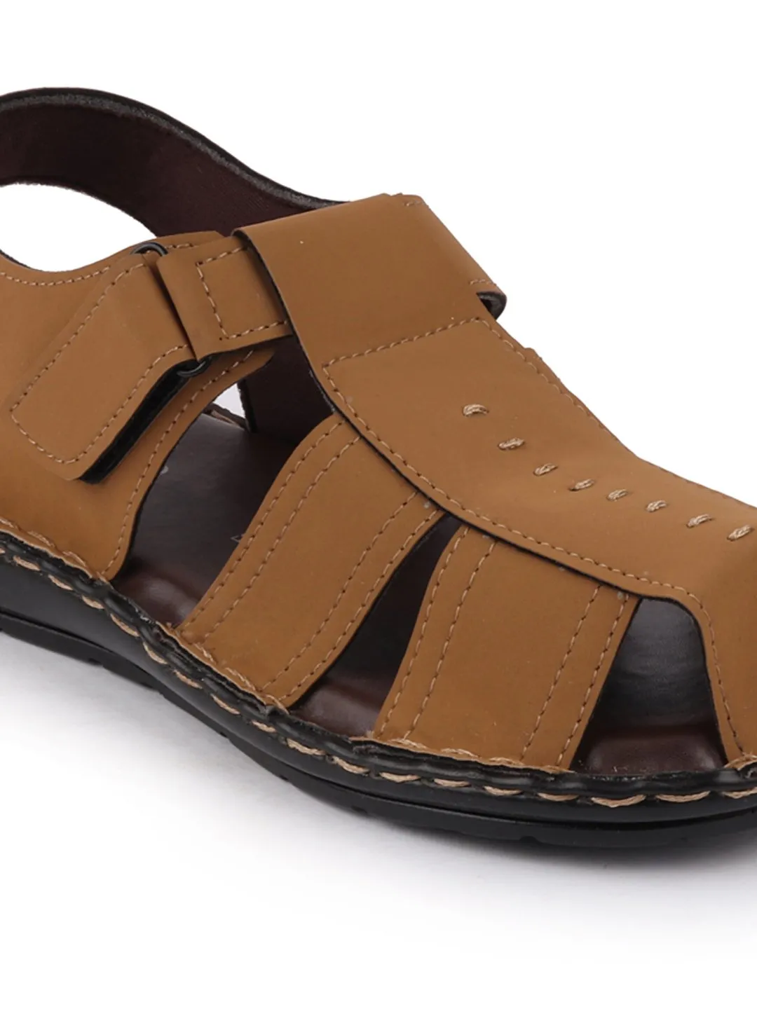 Men Tan Casual Hook & Loop Fishermen Sandals