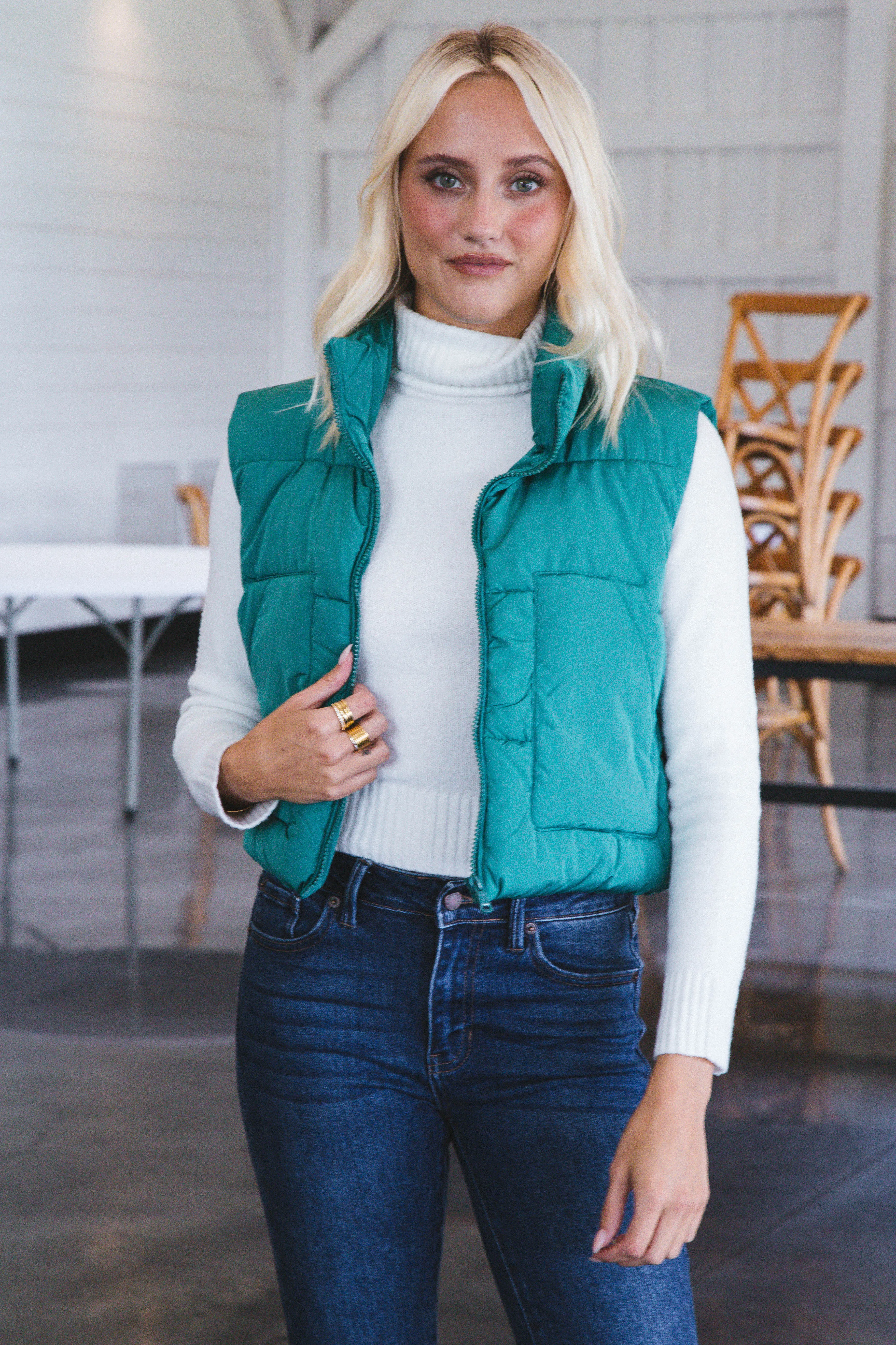 Miloh Zip Up Puff Vest, Green