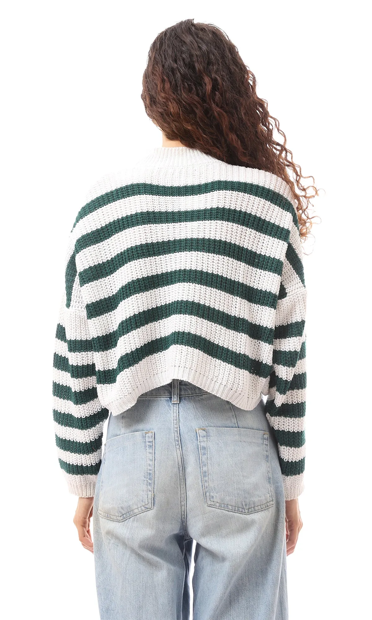 O169840 Cropped Green & White Knitted Pullover