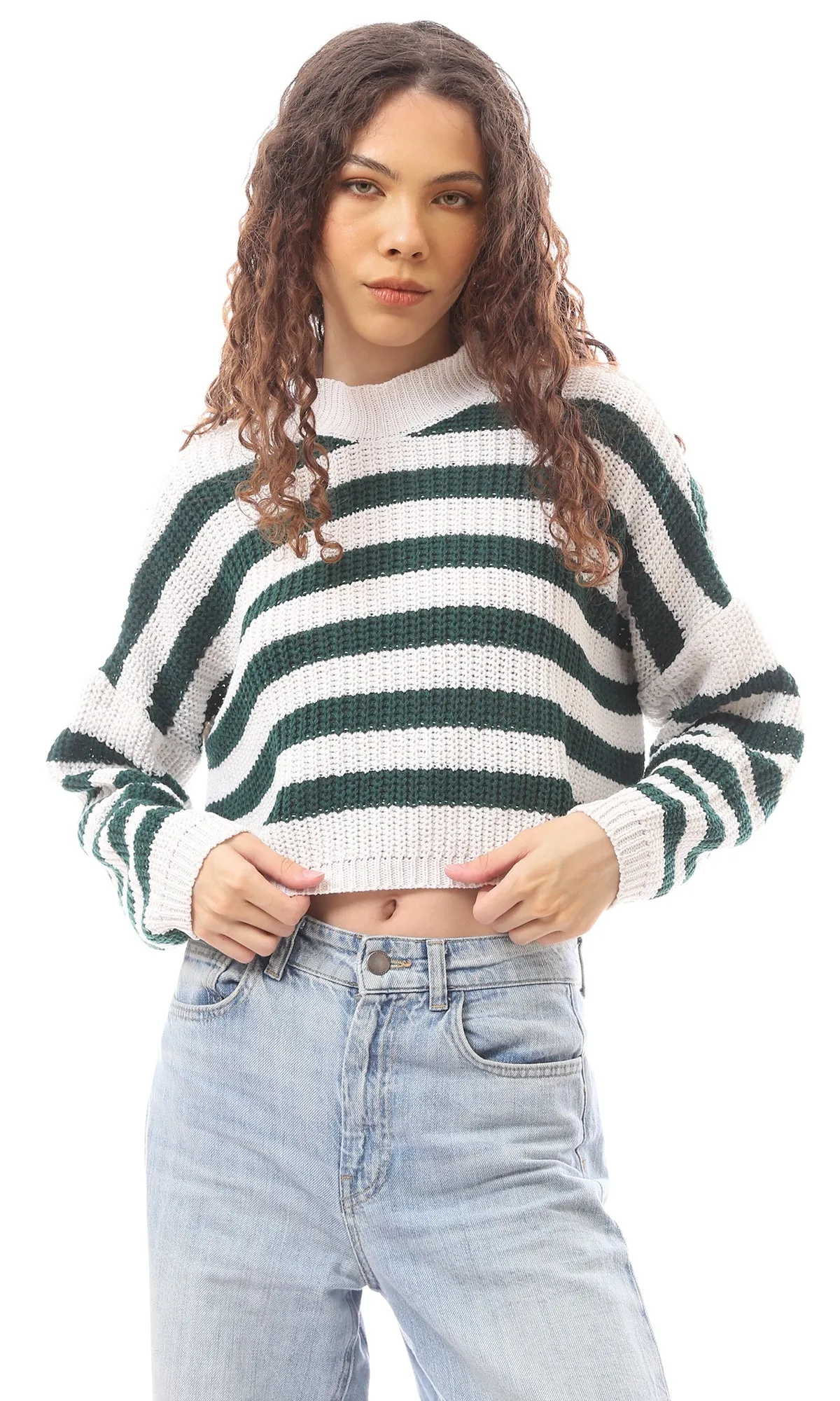 O169840 Cropped Green & White Knitted Pullover