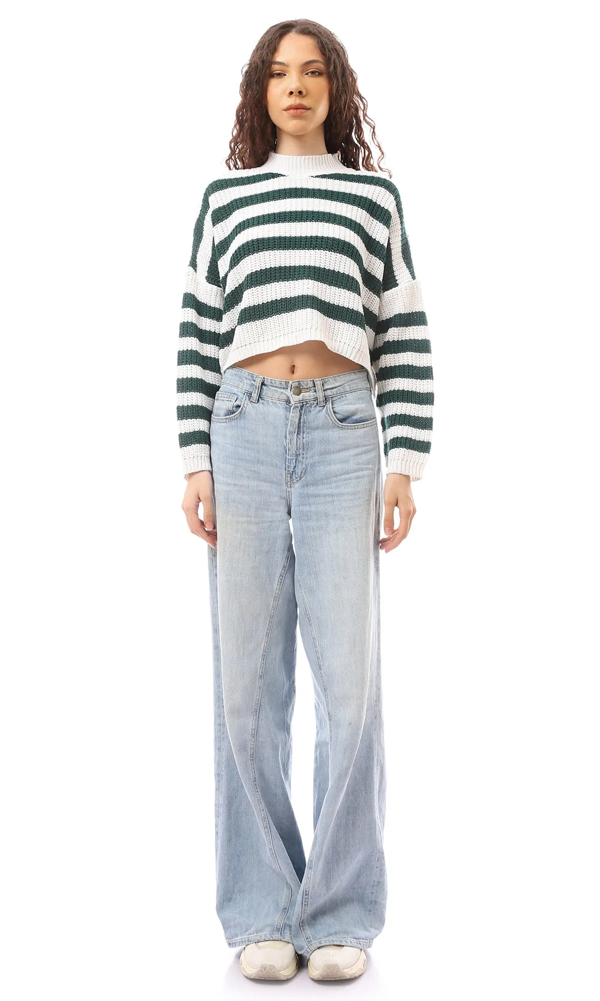 O169840 Cropped Green & White Knitted Pullover