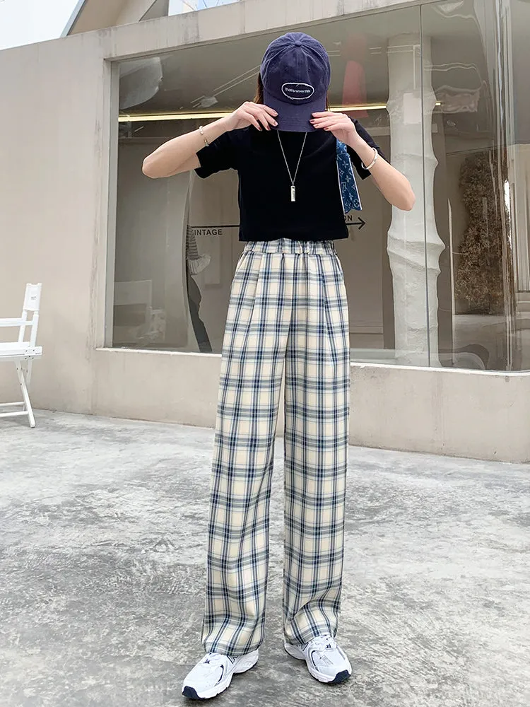 Pants With Elastic Waist And Plaid Pattern