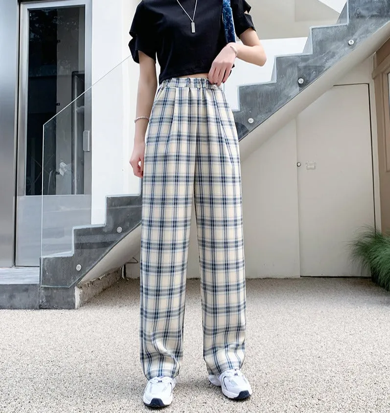 Pants With Elastic Waist And Plaid Pattern