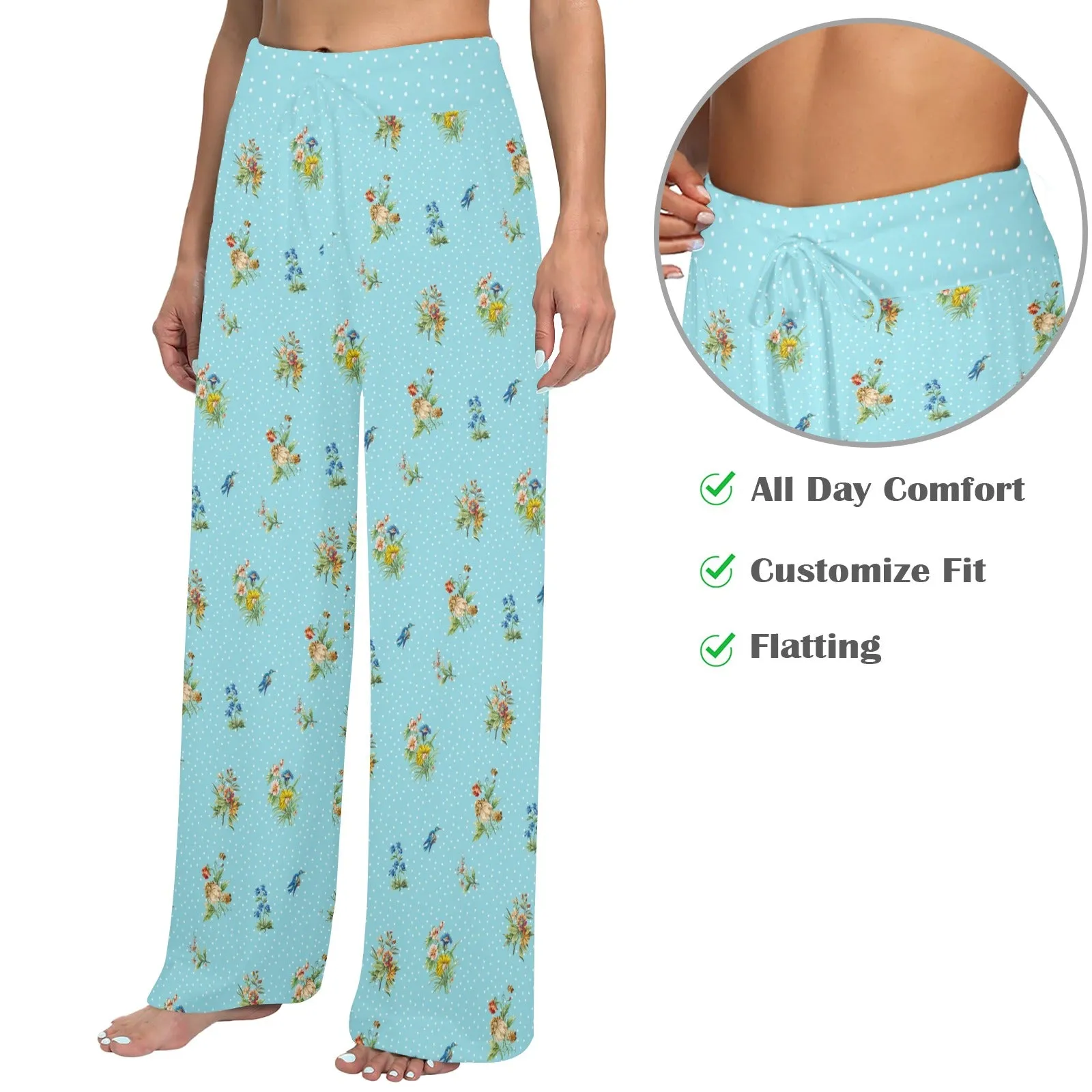 polka dot light blue butterfly background Women's Wide Leg Lounge Pants (Model L77)