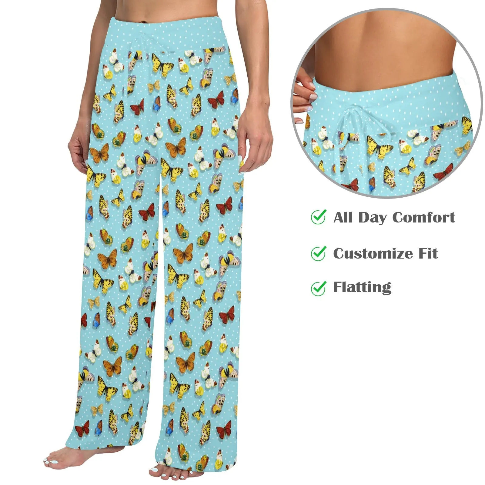 polka dot light blue butterfly background Women's Wide Leg Lounge Pants (Model L77)