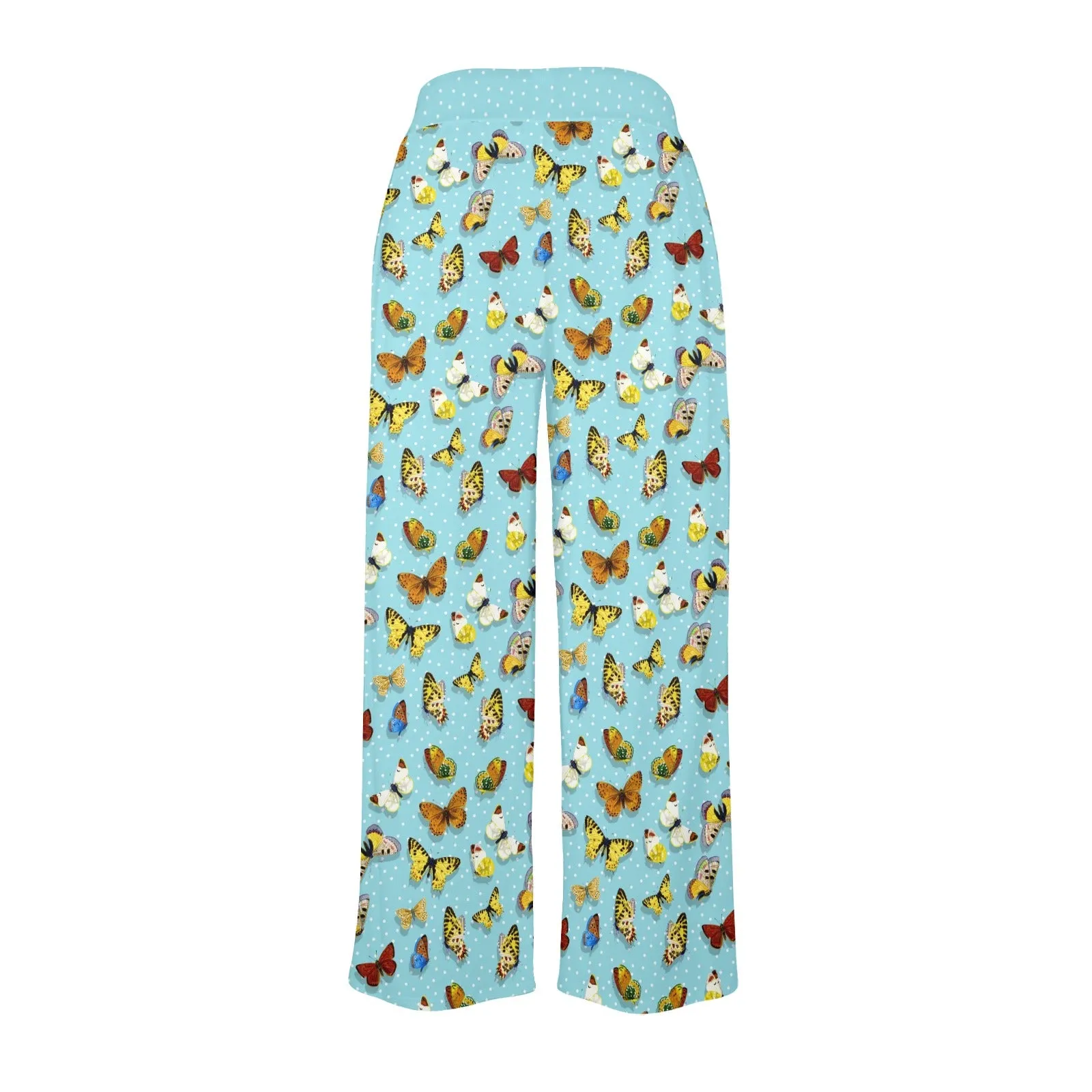 polka dot light blue butterfly background Women's Wide Leg Lounge Pants (Model L77)