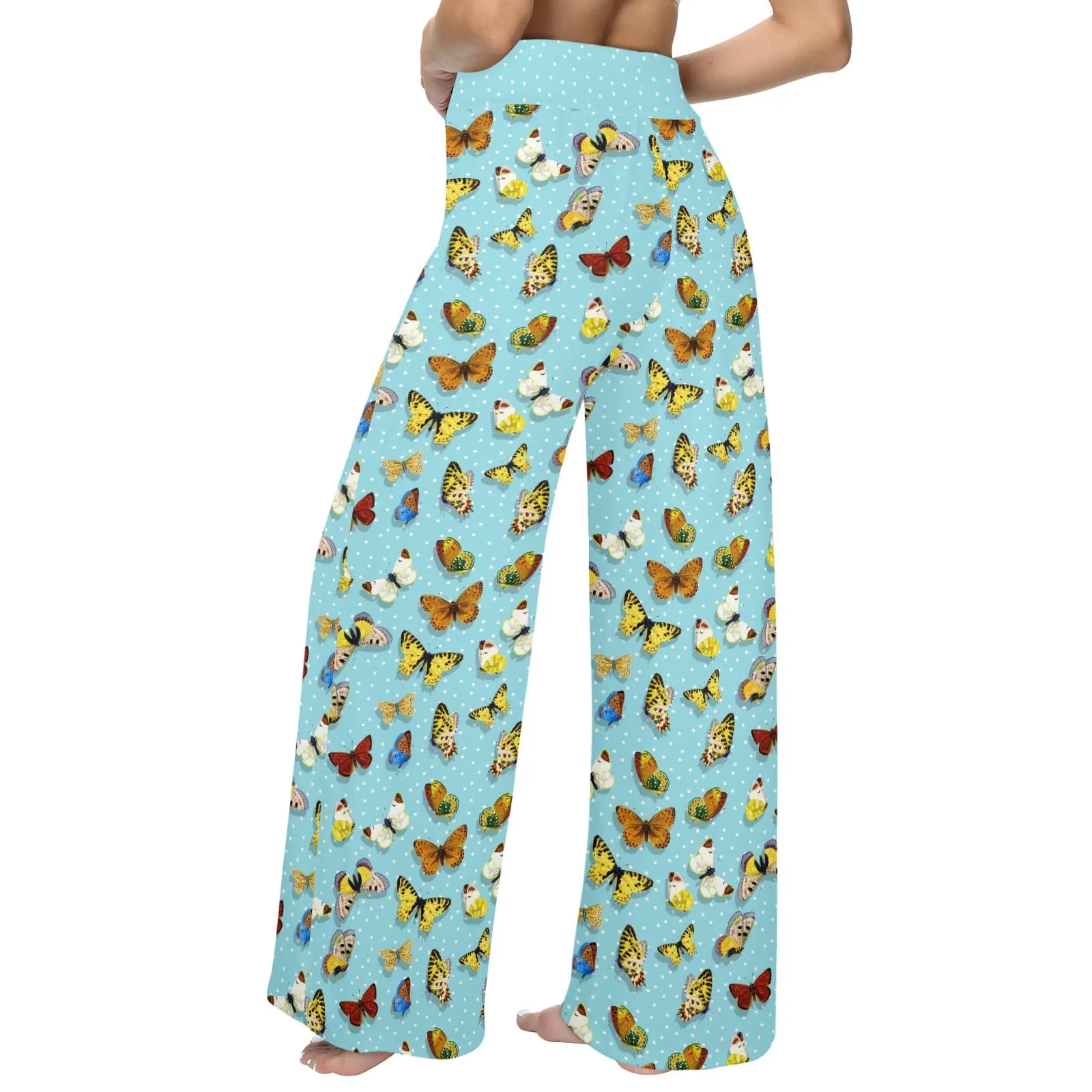 polka dot light blue butterfly background Women's Wide Leg Lounge Pants (Model L77)