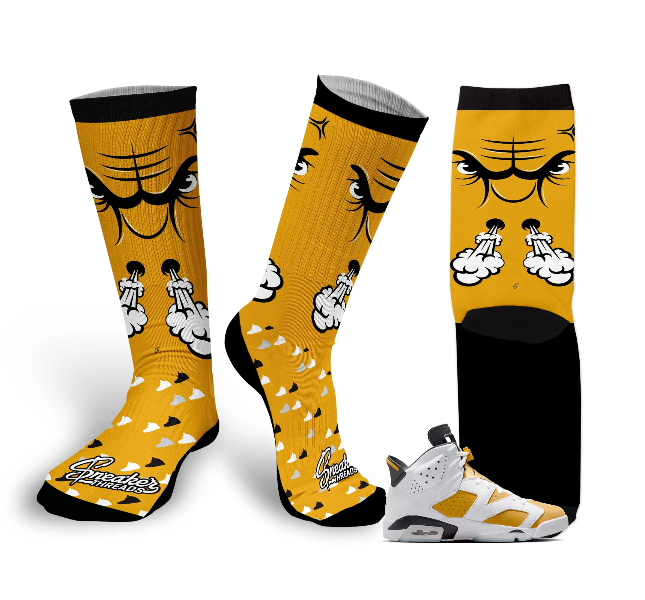 Retro 6 Yellow Ochre Socks - Raging Face - Ochre