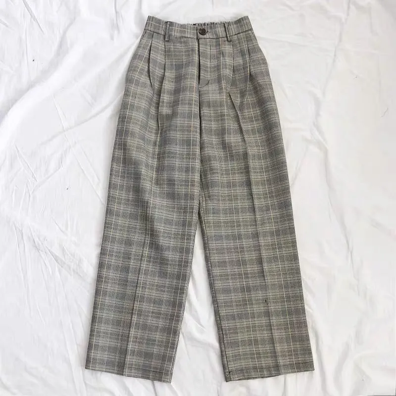 RETRO HIGH-WAIST PLAID CASUAL PANTS BY22807