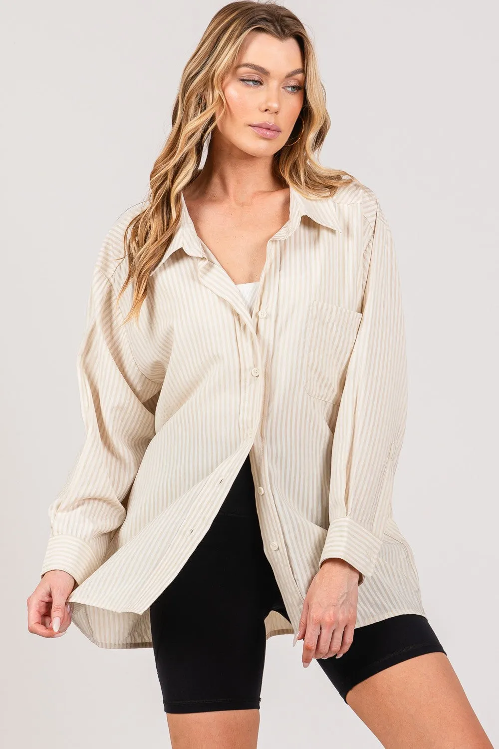 Taupe Striped Button Up Long Sleeve Shirt